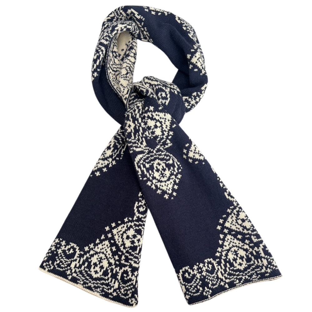 Vintage Knit Scarf Fair Isle Pattern Ornate Print Winter Design Navy Cream Beige - Picture 3 of 13